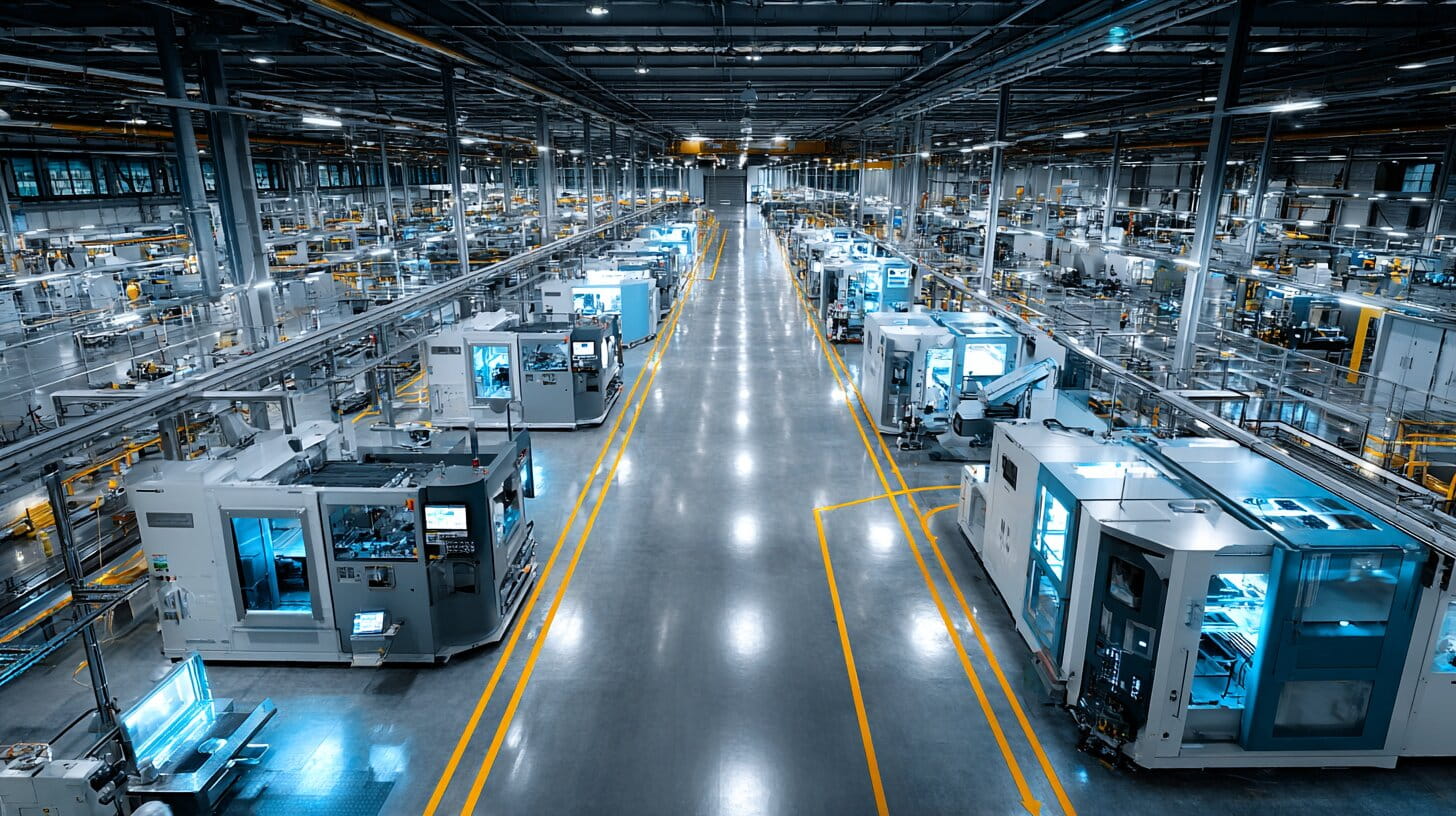 Inside a modern UK aerospace manufacturing facility with robotic assembly lines and engineers reviewing digital displays
