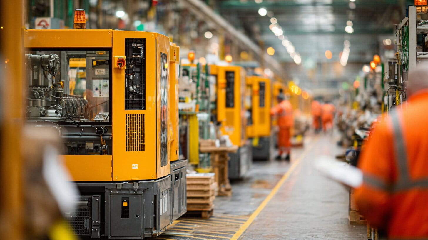 Engineers assembling industrial power generators at a modern UK manufacturing facility