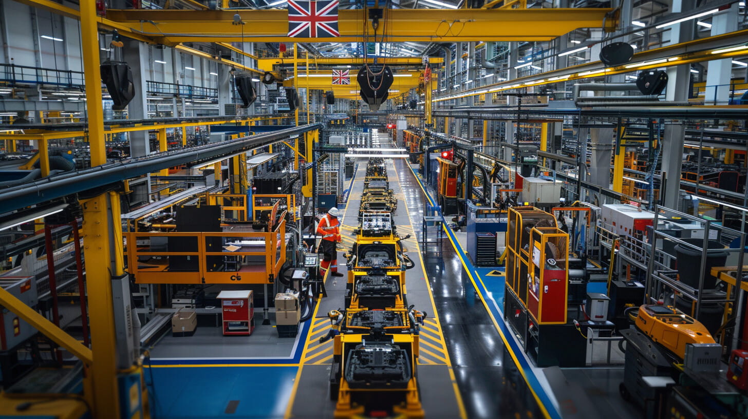 UK factory floor with robotic assembly line producing electric vehicle battery packs