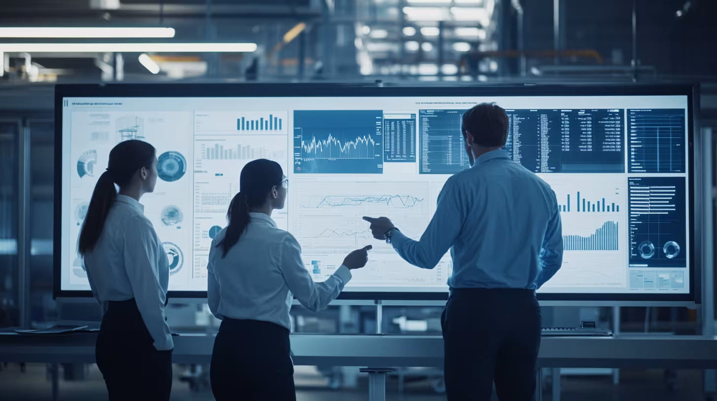 Modern factory control room with digital displays showing industrial data dashboards
