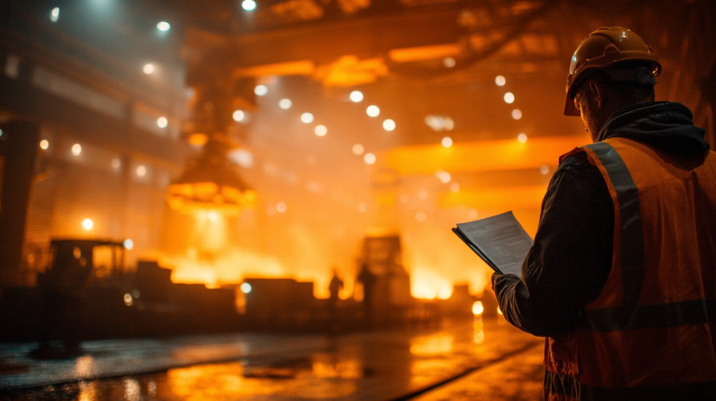 Industrial manufacturing facility at dusk with steam rising from production processes, showing energy-intensive operations