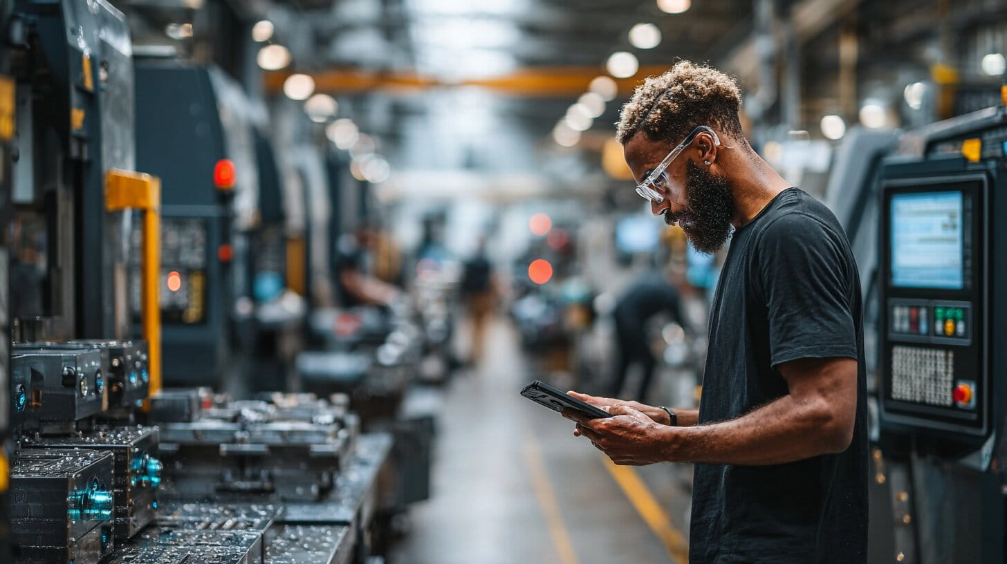 Inside a modern British precision manufacturing facility with CNC machines, robotic arms, and engineers reviewing digital displays