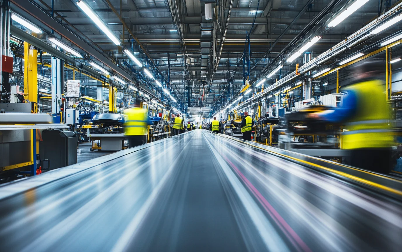 UK automotive manufacturing shop floor with workers at assembly stations and shadow boards visible on the wall
