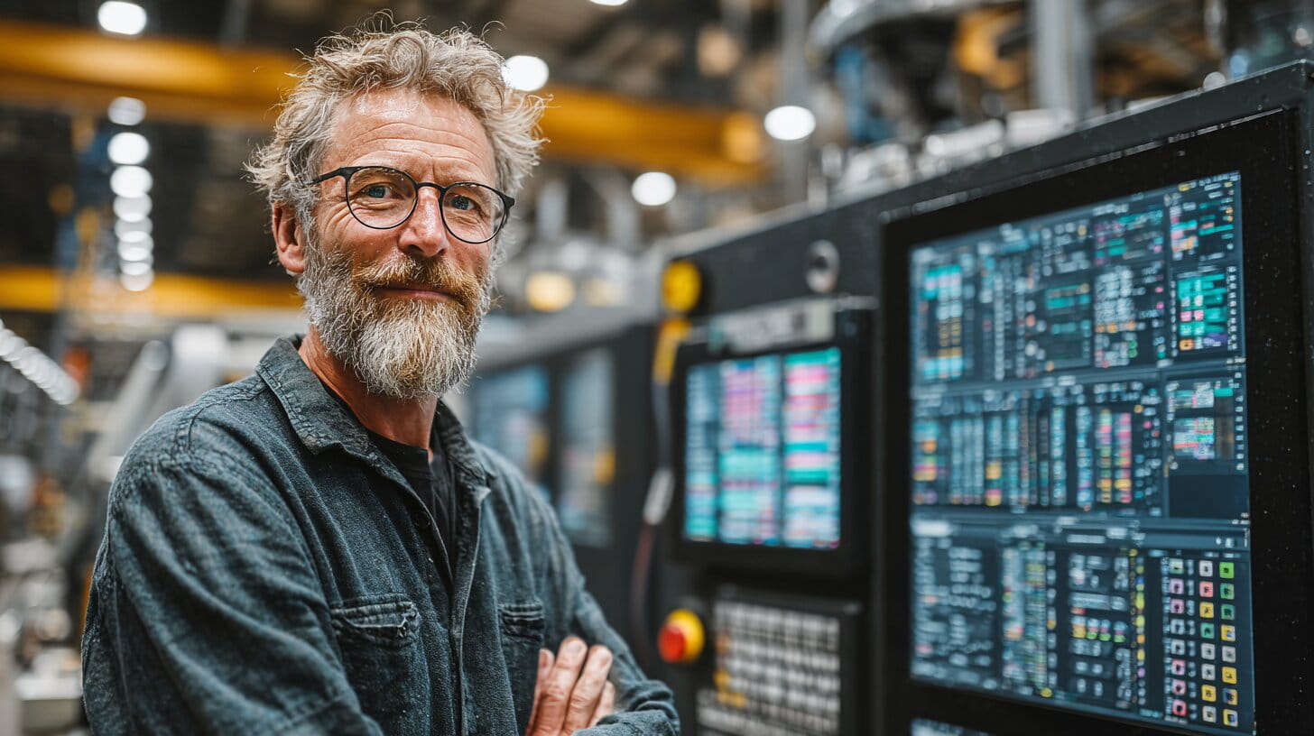 Manufacturing director reviewing digital monitoring systems beside advanced CNC machinery in a modern UK factory