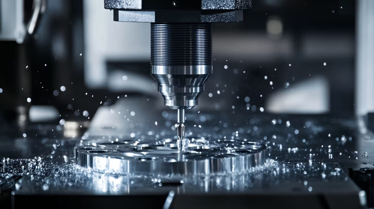 Close up of a precision CNC machining centre manufacturing metal components