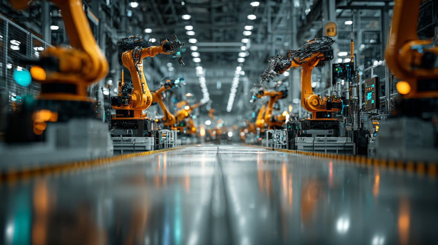 Modern UK factory floor with robotic arms and human technicians working together around digital production displays