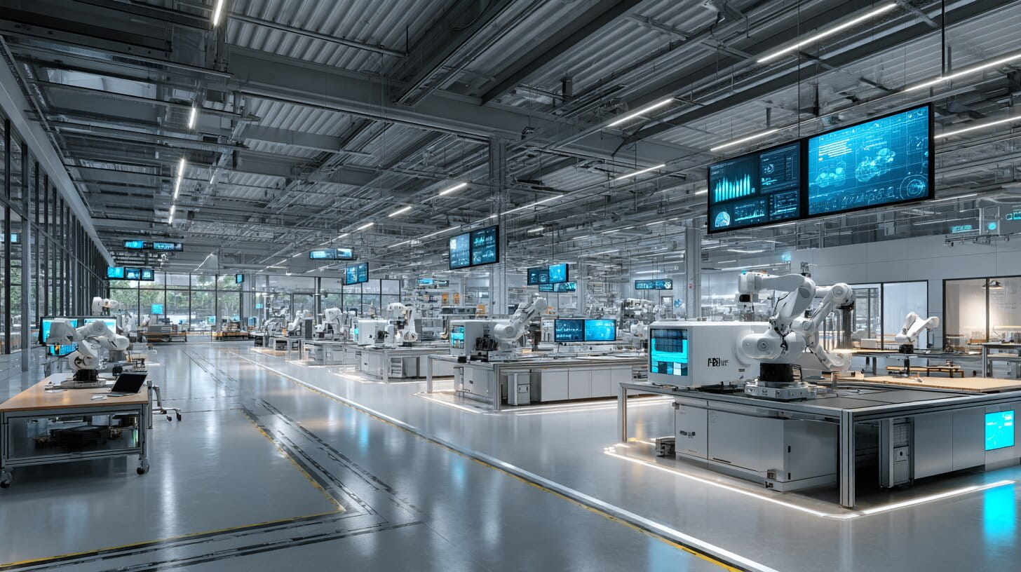Inside a modern UK smart factory with collaborative robots and digital displays showing real-time manufacturing analytics