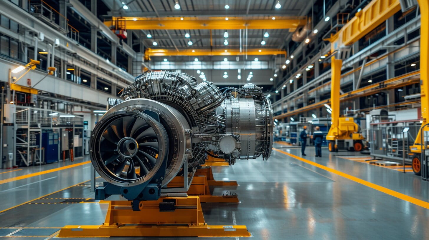 MTU diesel engine assembly line in a European defence manufacturing facility with technicians inspecting components