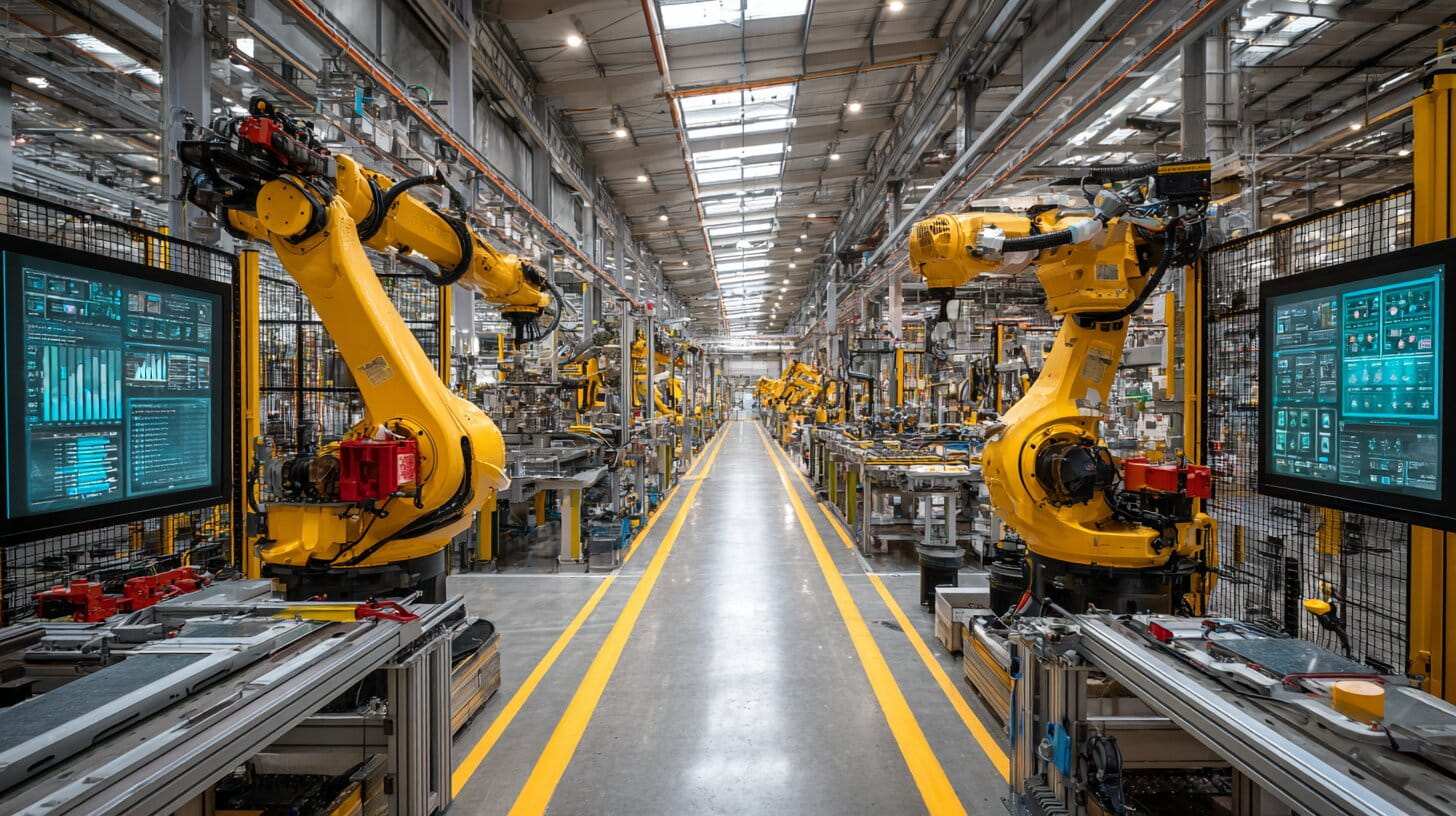 Modern manufacturing facility with robotic arms and digital displays showing human-machine collaboration on the factory floor