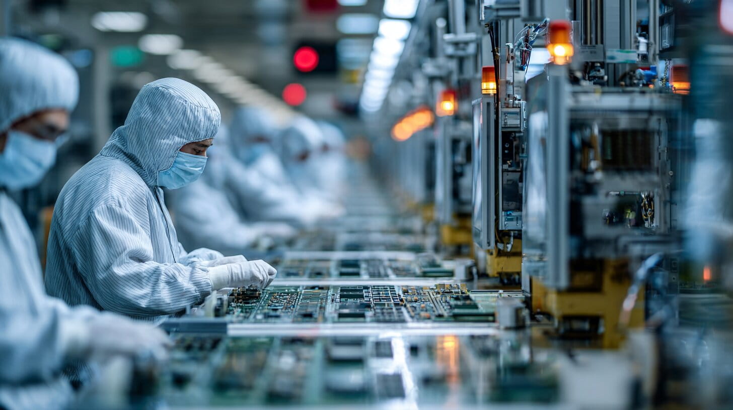Workers in protective suits operating automated battery cell production equipment inside a modern UK gigafactory