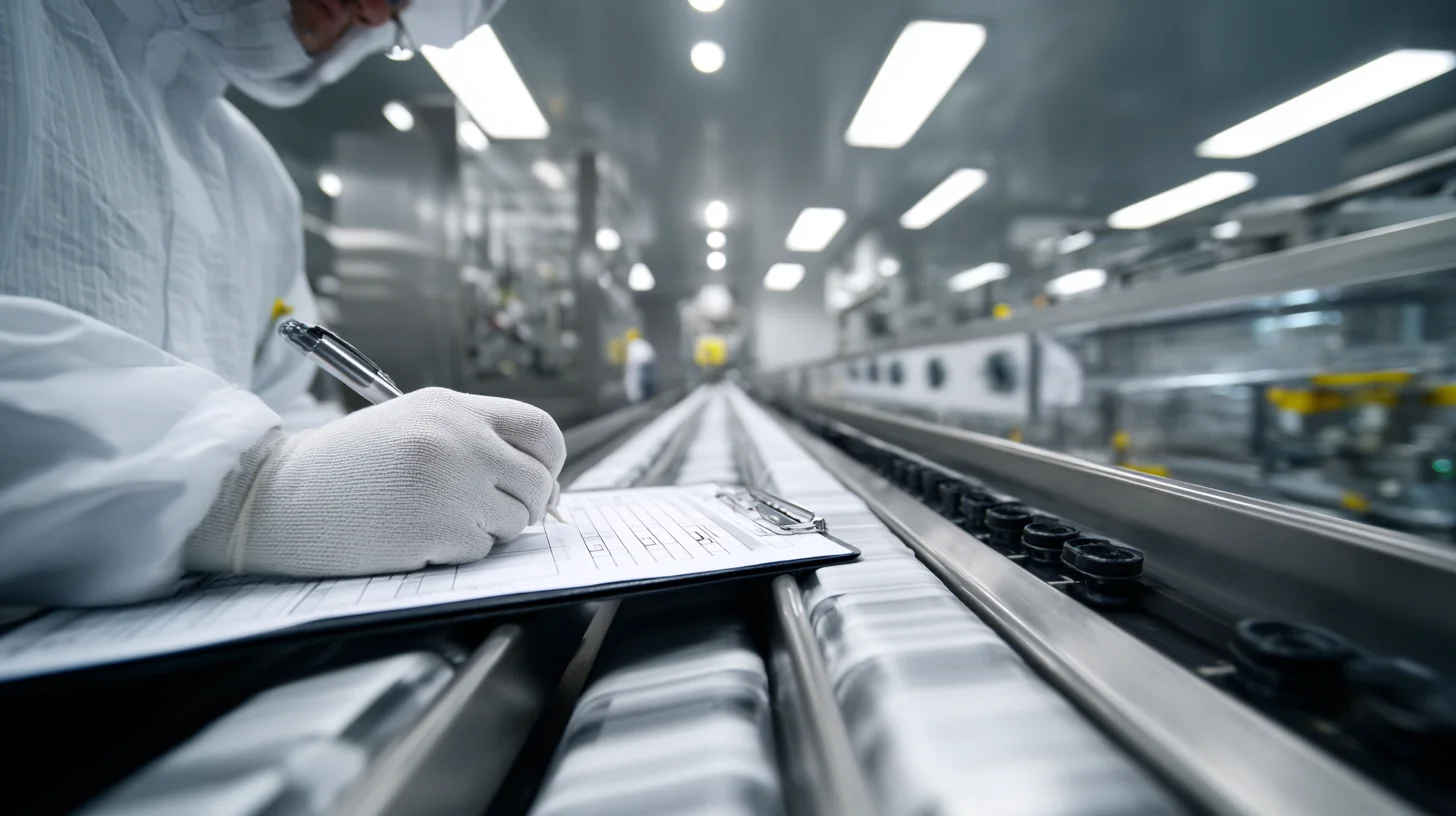 Pharmaceutical manufacturing operator reviewing a changeover checklist on a tablet compression line during a SMED exercise