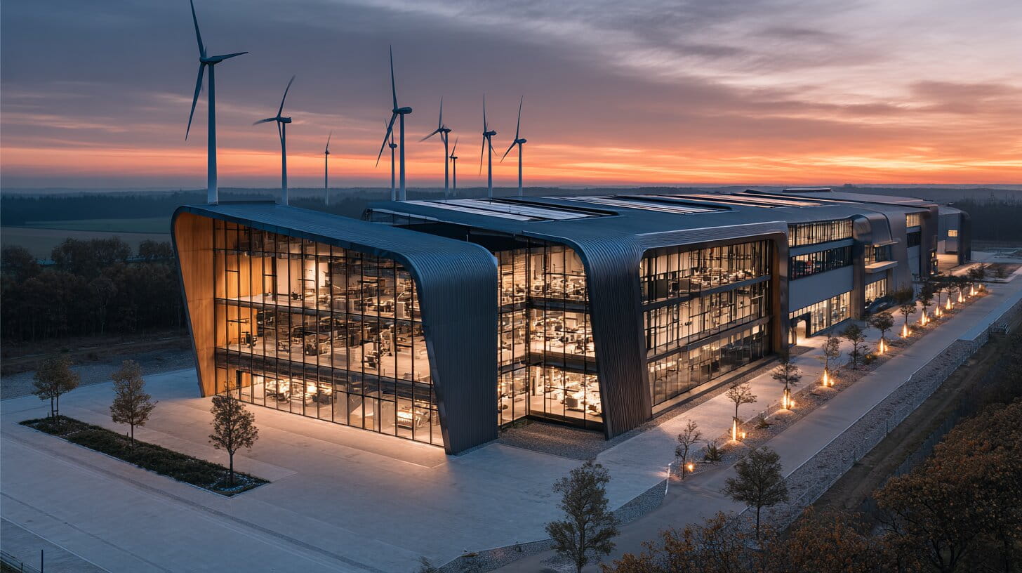 Aerial view of a modern UK advanced manufacturing facility with robotic assembly lines and renewable energy infrastructure