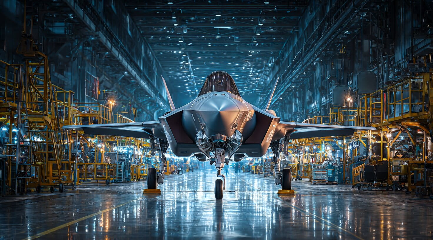 Inside a modern UK aerospace manufacturing facility with technicians assembling aircraft wing components under clean industrial lighting