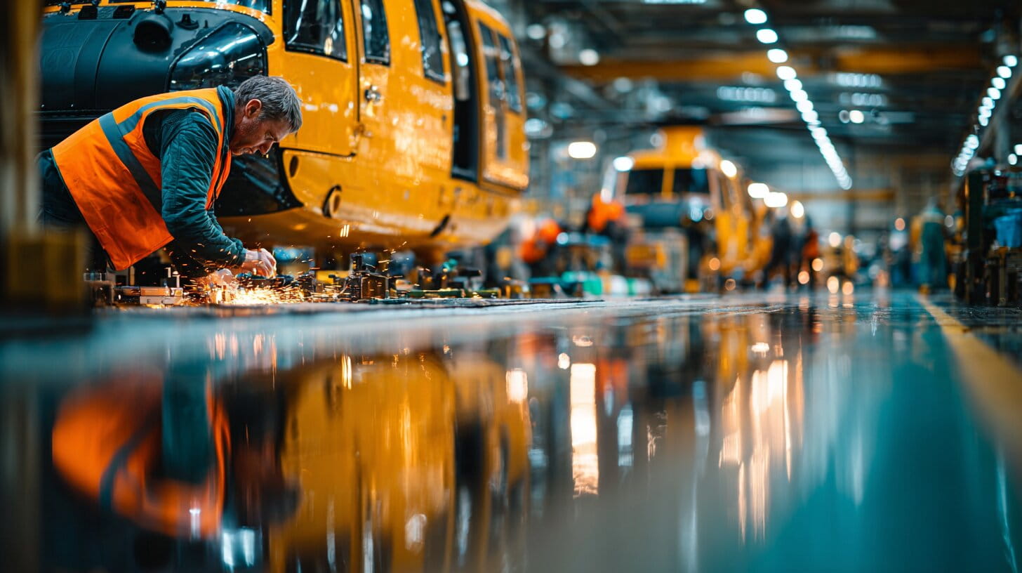 Engineers working on helicopter components inside a modern UK aerospace manufacturing facility