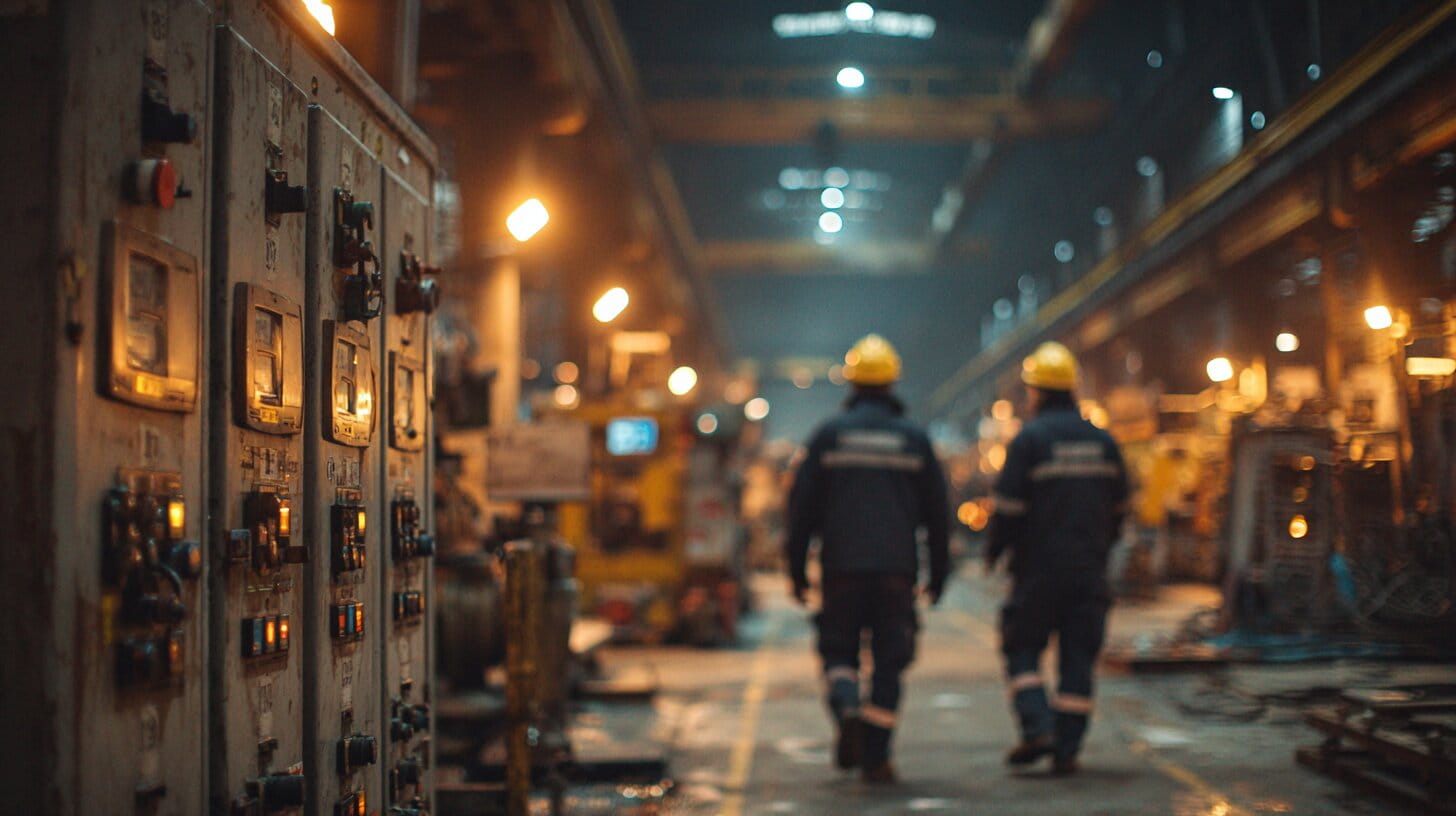 British factory floor with industrial machinery and energy monitoring equipment, workers in safety gear overseeing production