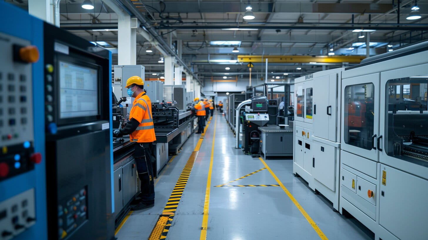 Modern UK manufacturing facility with advanced machinery, workers in high-vis clothing, and production lines showing industrial growth and productivity
