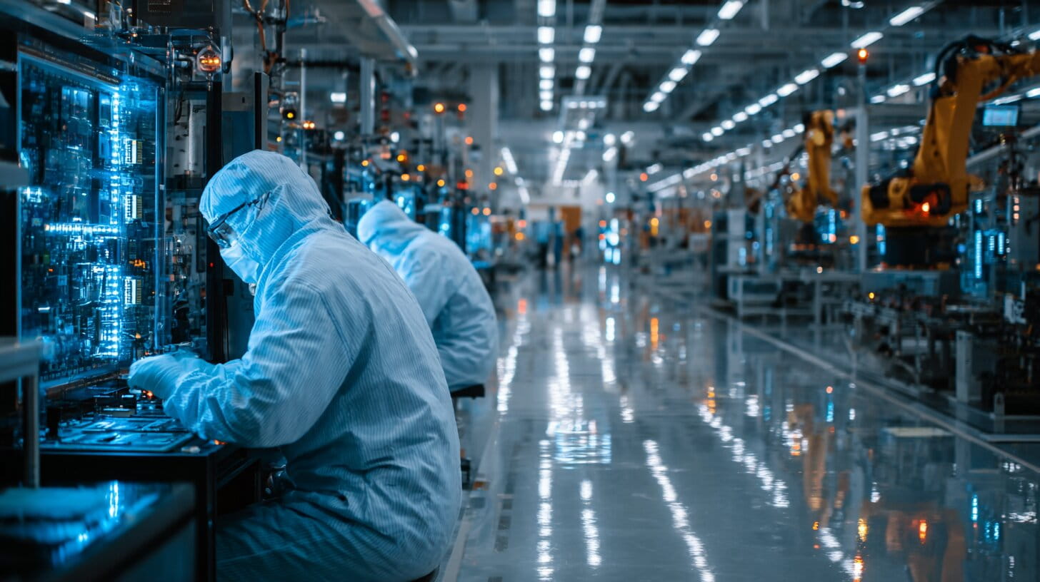 Engineers assembling advanced radar systems in a UK aerospace manufacturing facility